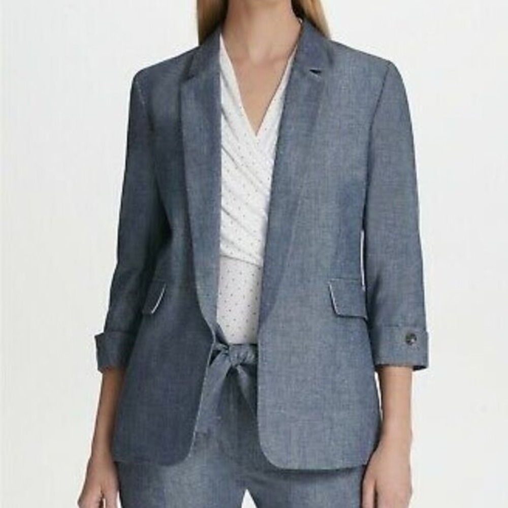 DKNY Womens Size 4 Cuffed Rolled Sleeve Blazer Jacket Chambray Blue Cotton Linen
